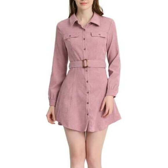 Allegra K - Pink - Corduroy - long sleeve - shirt dress - Size S - belt included - Picture 1 of 9